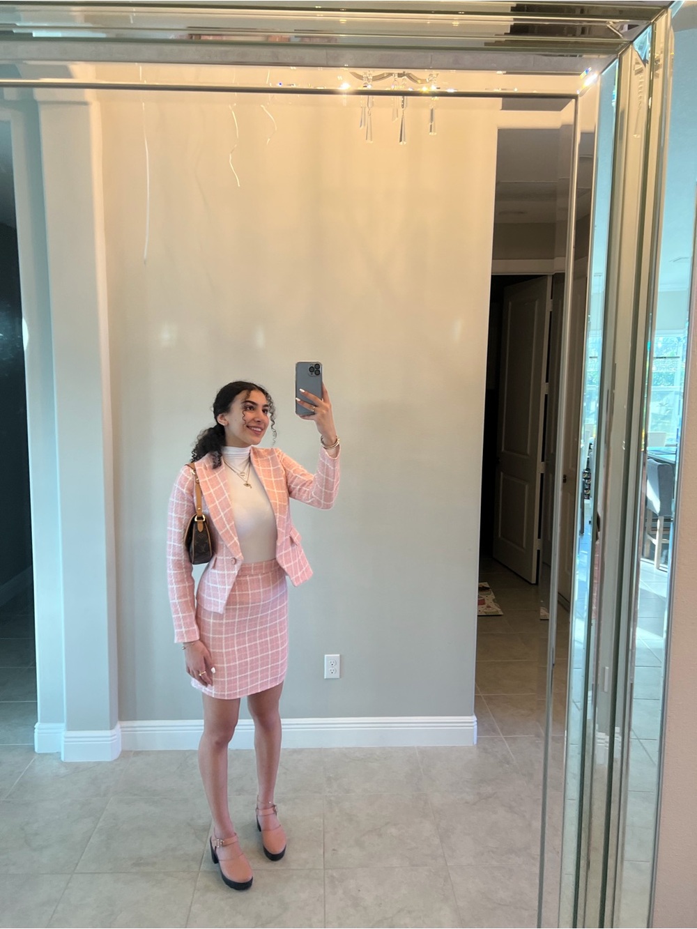 Pink Plaid Mini Skirt Suit Dress with Blazer